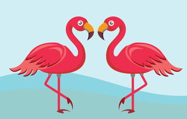 Flamingo vector icon, cartoon pink tropical bird, summer animals set, cute zoo characters background. Exotic fauna illustration