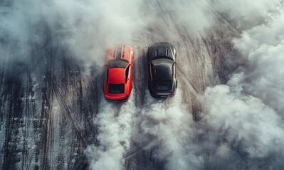 Aerial top view two cars drifting battle the night time on race track, Two race cars view from above.