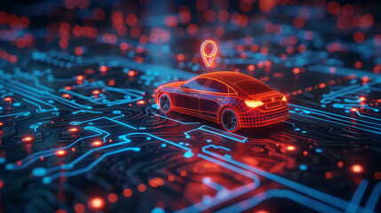 3d gps location design, a car with location symbol in a futuristic design.