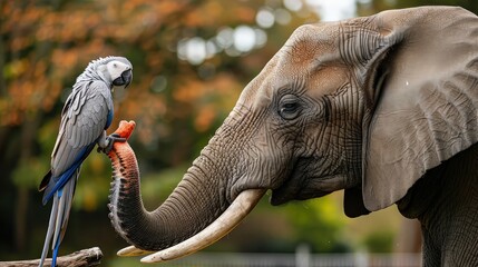 Elephant with a gray parrot.