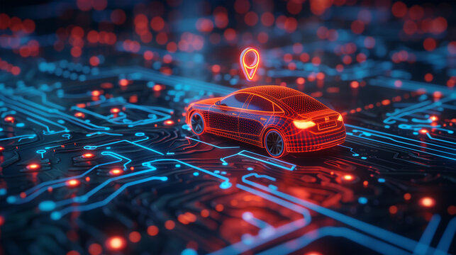 3d gps location design, a car with location symbol in a futuristic design.