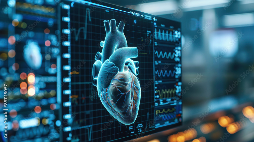 Poster a computer monitor displays a heart on a screen