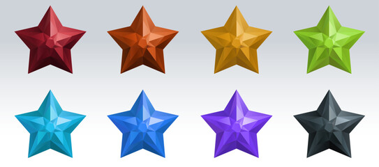 3D multicolored stars arranged in 2 rows. A set of multicolored stars on a light background. Vector graphics