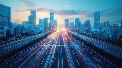 Obraz premium Cityscape with Traffic Trails at Twilight