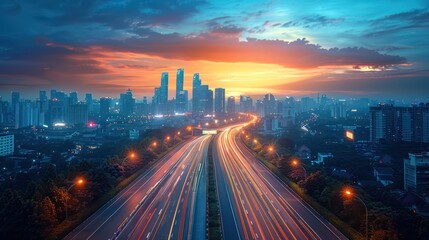 Fototapeta premium Cityscape at Sunset with Highway Lights