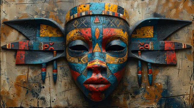 Colorful african mask hanging on textured wall representing local culture