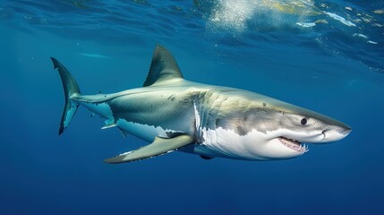 Fototapeta premium Great white shark underwater diagonal, focus on the front half.
