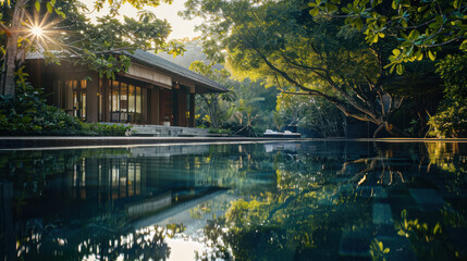 Fototapeta premium Southeast Asian resort villa, a mirror reflecting a picturesque garden and an infinity pool