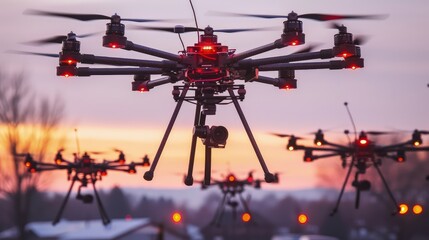 Hex copter drones flying in the evening.