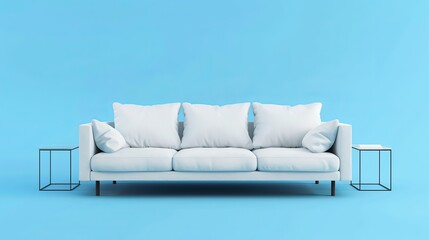 Naklejka premium White sofa or couch with side tables on a solid blue background, banner size, fresh and calm interior. isolated on a solid blue background. Illustrations