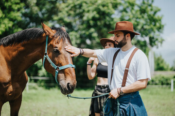 Man wearing a cowboy hat petting a horse at the ranch. Enjoying countryside life on a sunny day.