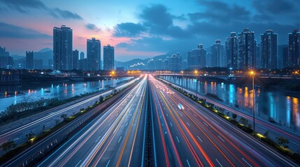 Obraz premium Cityscape with Highway and Lights Trails