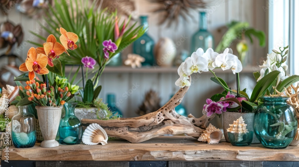 Poster A collection of orchids, driftwood, and seashells arranged on a wooden table, creating a beautiful and natural display.