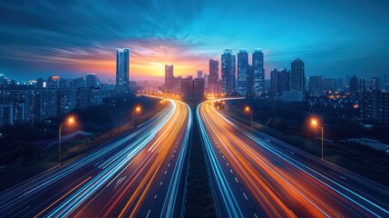 Obraz premium Cityscape at Dusk with a Highway Intersection
