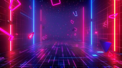 80s style background with grid and neon lights, dark blue background with colorful glowing shapes flying around in the air in the style of low poly design, dark room interior with laser beam