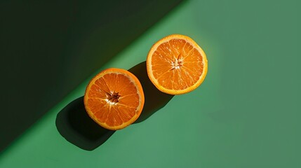 orange and whole orange halves on solid green background. isolated on a solid green background. Illustrations