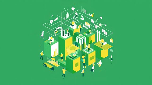 Creative illustration of a startup ecosystem, highlighting networking and strategic partnerships, isolated against a solid green background. isolated on a solid green background. Illustrations