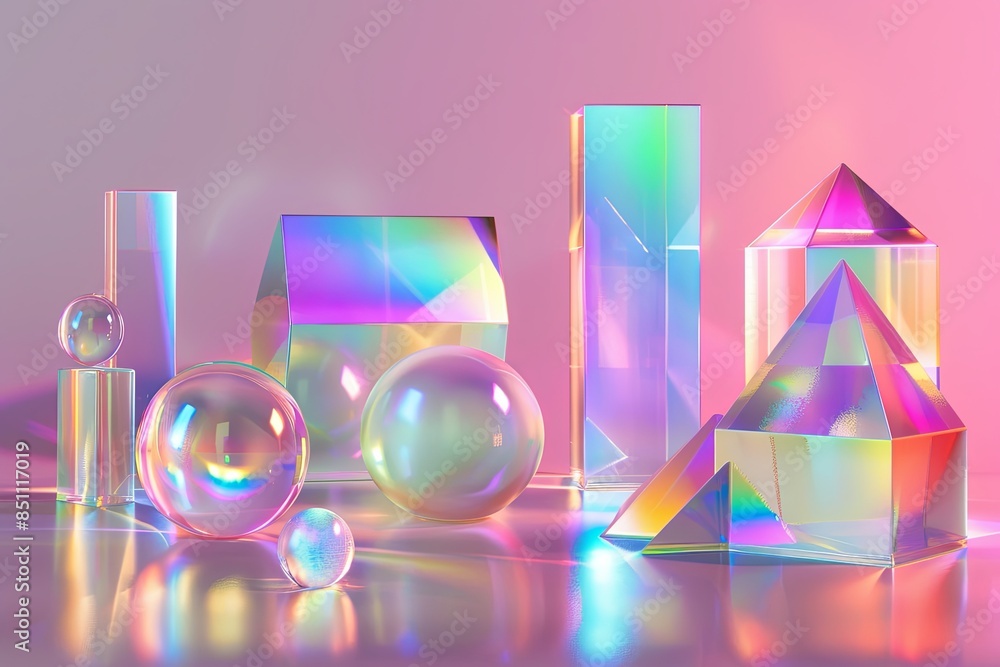 Poster a collection of iridescent prisms and spheres create a captivating display against a soft pink backg