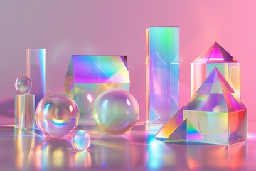 A collection of iridescent prisms and spheres create a captivating display against a soft pink background. Generative AI