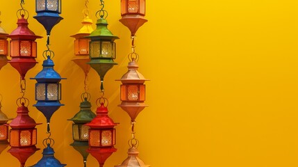 Obraz premium Colorful Eid lanterns arranged neatly on a solid yellow background. isolated on a solid yellow background. Illustrations