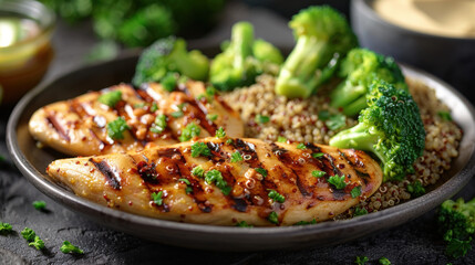 Fototapeta premium A plate of grilled chicken and broccoli with a side of quinoa