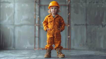 A young child dressed in a bright orange construction jumpsuit and a hardhat stands confidently in a construction zone.