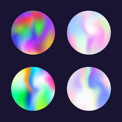 Gradient round set with holographic mesh. Abstract hologram. Hipster gradient round set. Minimalistic 90s, 80s retro style graphic template for placard, presentation, banner, brochure.