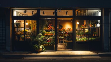 A flower shop storefront illuminated at night, displaying an array of colorful blooms and potted plants.
