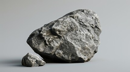 Fototapeta premium A large grey rock sits on a grey background all by itself. isolated on a solid gray background. Illustrations