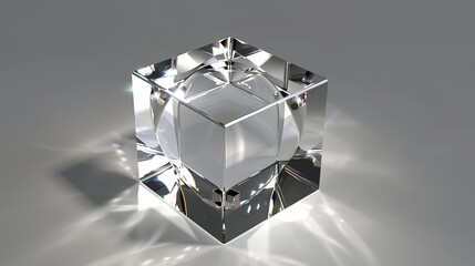 Abstract glass crystal wavy cube with light reflection rotating in the center of the frame on isolated grey background. isolated on a solid gray background. Illustrations