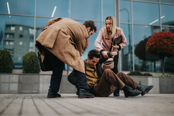 Caring coworkers assisting a man gathering his papers outside a modern office building