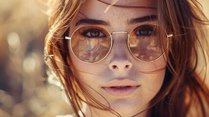 Close-up portrait of a woman with wavy hair, wearing round sunglasses, exuding a serene and dreamy vibe