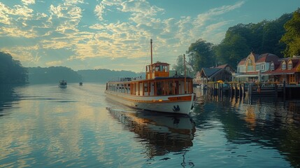 A large passenger ferry navigates a tranquil lake in the early morning, approaching a picturesque dock lined with charming waterfront buildings.