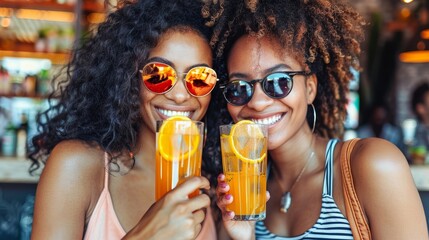 Two women smiling and enjoying refreshing orange drinks at a lively bar, wearing stylish sunglasses