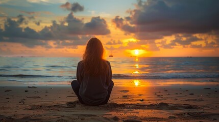 Fototapeta premium A person sitting alone on the beach at sunset, contemplating the beauty of the setting sun over the ocean
