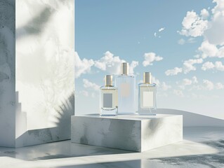 Transparent Perfume Bottle with Elegant Lid on a Stone Platform
