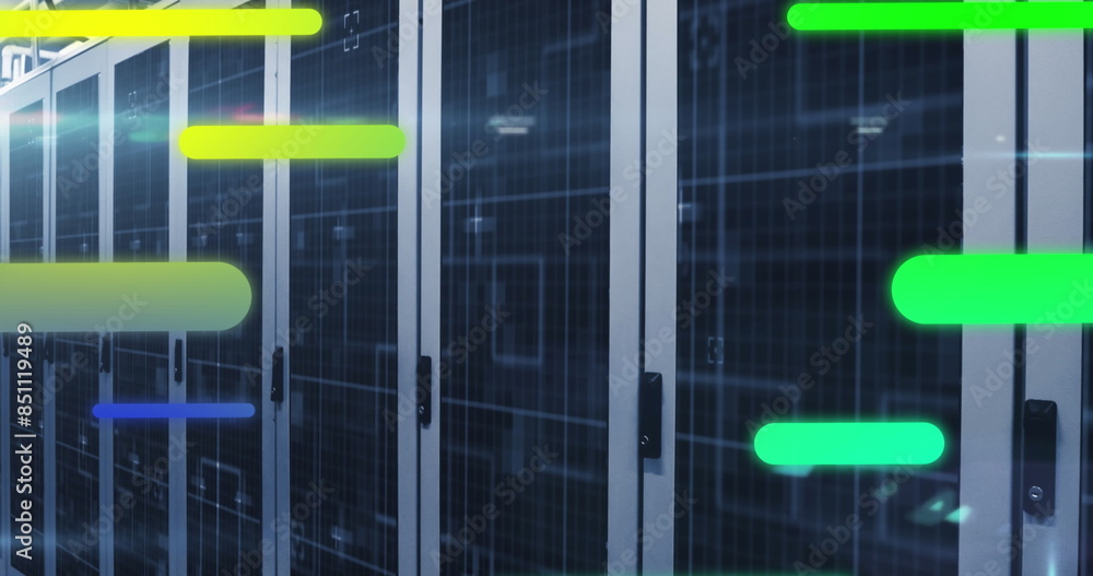 Poster image of colorful gradient light trails and light spot against computer server room