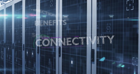 Image of business concept texts and light spot over computer server room