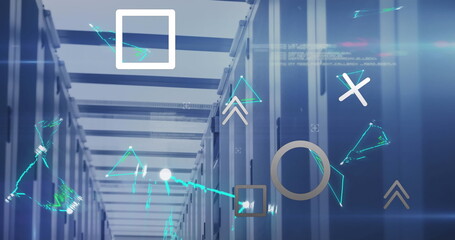 Image of abstract shapes, plexus networks and data processing over computer server room