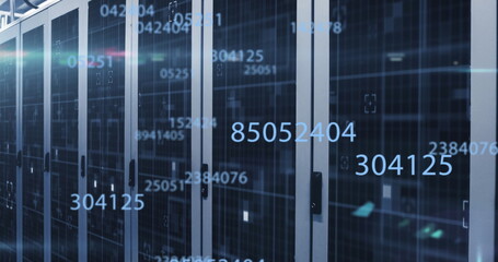 Image of multiple changing numbers and light spot over computer server room