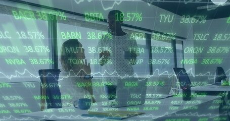 Image of stock market data processing over two diverse female colleagues discussing at office