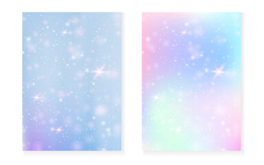 Unicorn background with kawaii magic gradient. Princess rainbow hologram. Holographic fairy set. Trendy fantasy cover. Unicorn background with sparkles and stars for cute girl party invitation.