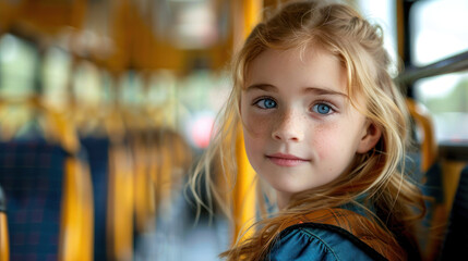 Fototapeta premium Portrait of a Smiling Young Girl with Blue Eyes on a Bus