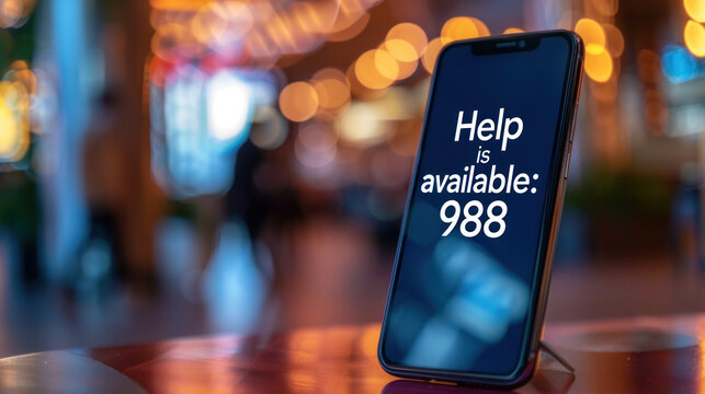 Smartphone Displaying "Help is available: 988" in a Vibrant Urban Setting with Bokeh Lights