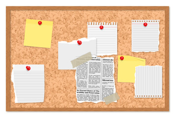 blocks post its and news papers in corkboard with tape realistic