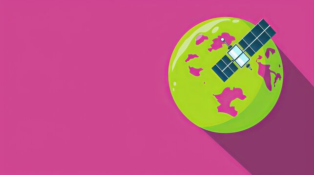 Flat solid color illustration of a magenta satellite on a lime green background orbiting earth. isolated on a solid magenta background. Illustrations