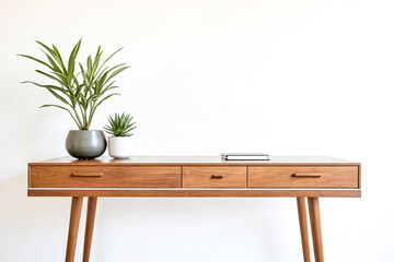 Wooden Desk with Plants and Book