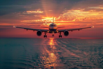 The plane flies low over the sea during sunset.