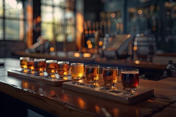 A close-up shot of a wooden tasting flight filled with different beers on a bar countertop. Generative AI