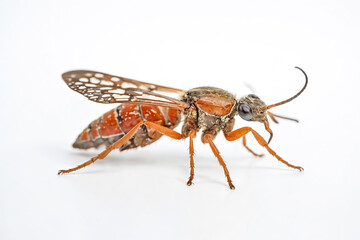 Closeup of a brown and white spotted insect on a white background